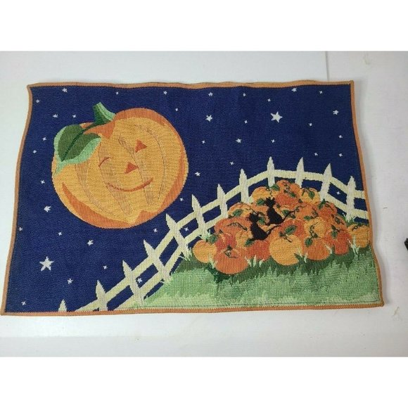 Set Of 2 Halloween Pumpkin Black Cat Pumpkin Patch Woven Cloth Placemats Vintage - Picture 1 of 7